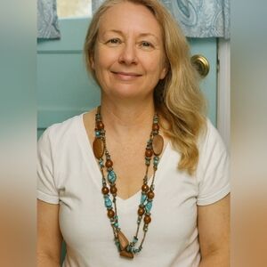 Boho Faux Turquoise, Wood & Silver Long Necklace